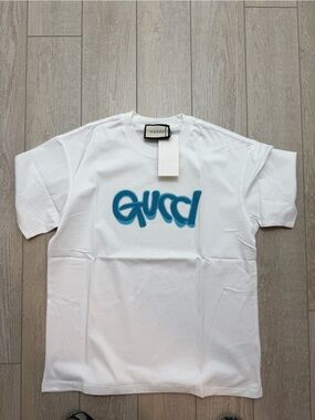 Gucci White Logo T-Shirt Blue Graphic Logo